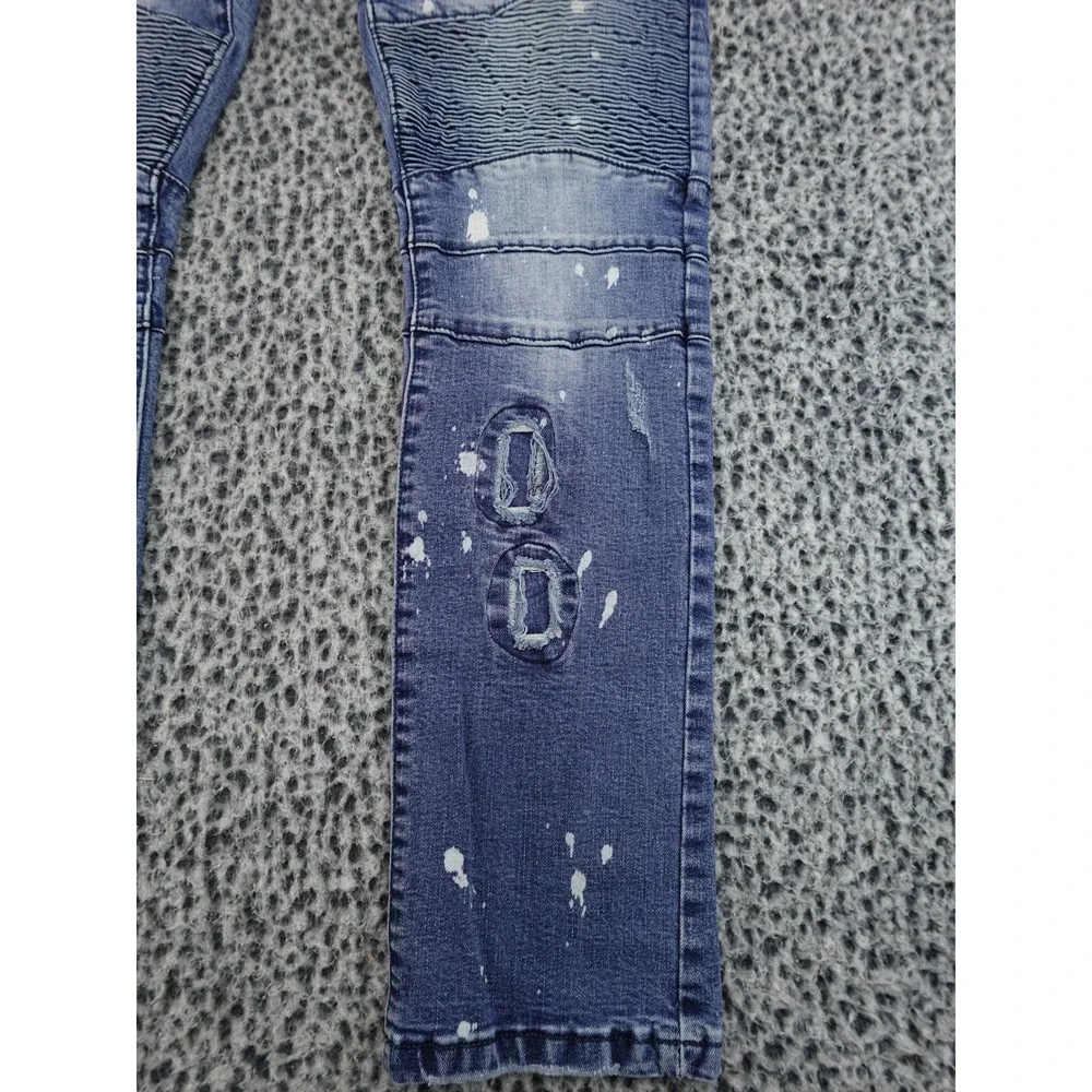 Black Premium Moto Skinny‎ Jeans Mens 34 Blue Good Distressed Paint Splatter